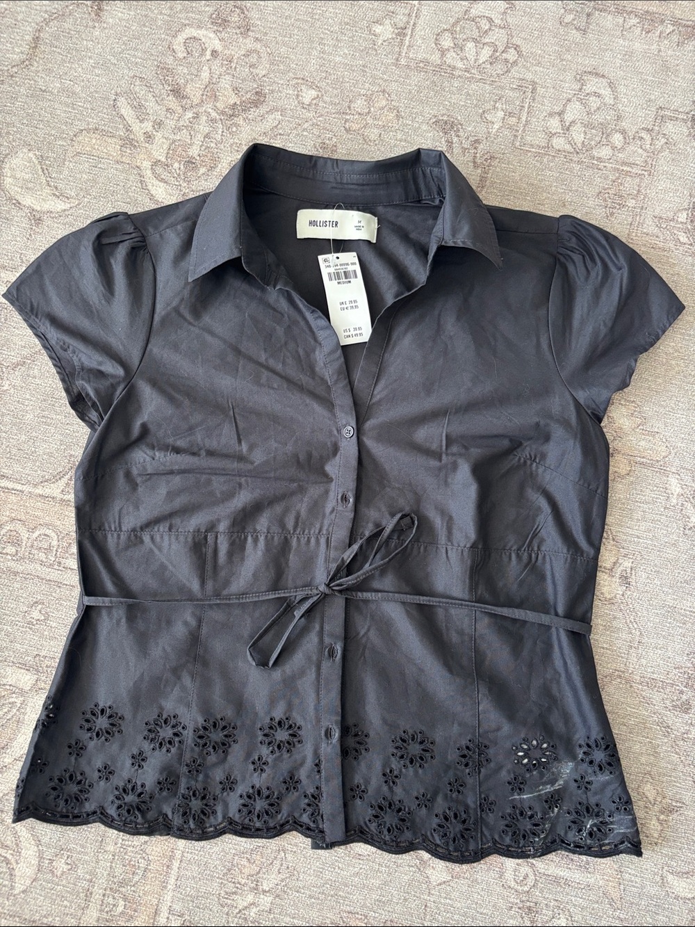 NWT-Hollister Black Short-Sleeve Button-Down Top with Eyelet Hem and Self-Tie